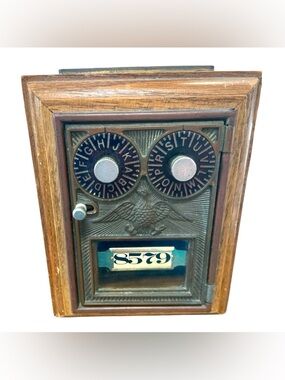 Vintage Post Office Lockbox Coin Bank Wood & Brass Keyless Lock Continental Gum